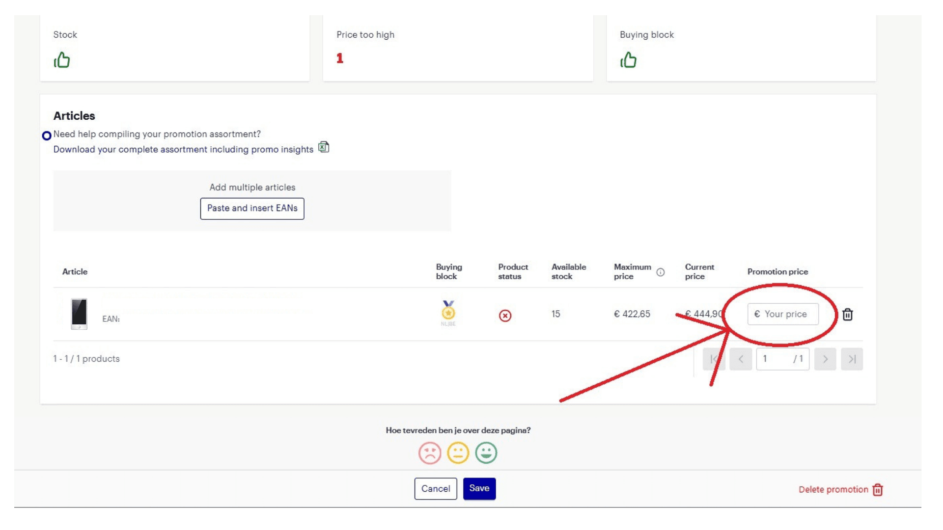 W polu „Your price” wpisz kwotę promocyjną dla odpowiedniego produktu