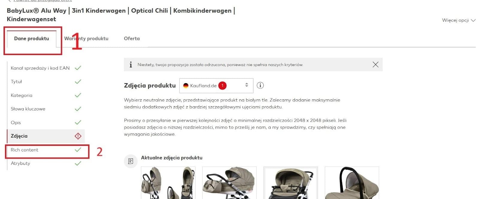 Wybierz zakładkę „Dane produktu„. Ukaże Ci się lista rzeczy do edycji, w tym „Rich Content”.