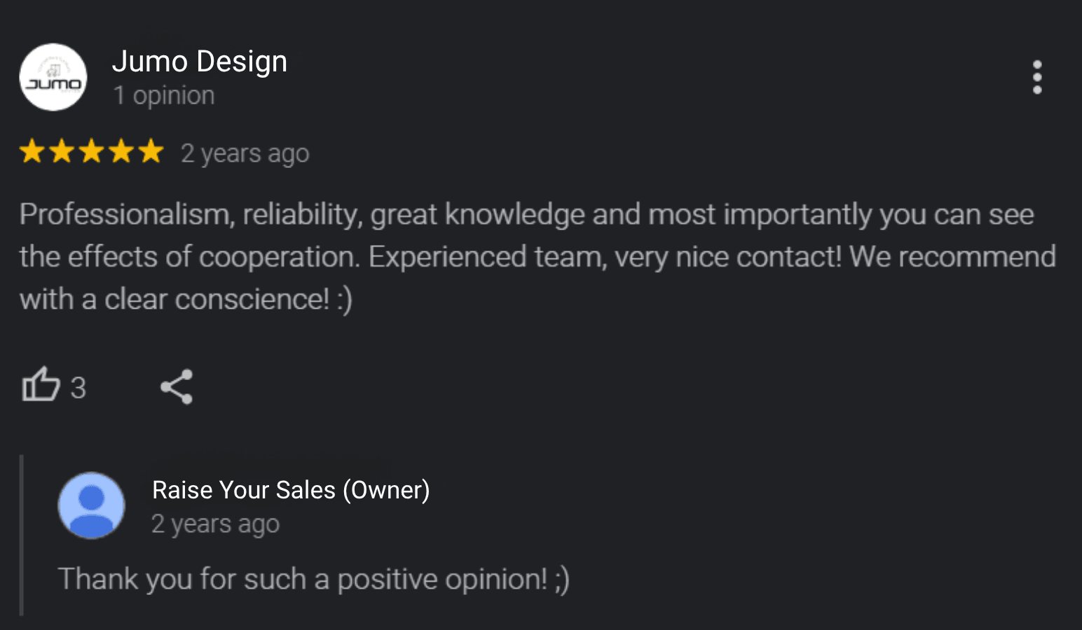 Recenze na Googlu od klienta značky Jumo o spolupráci s Raise Your Sales