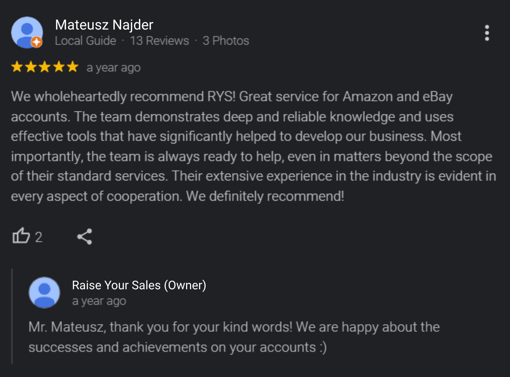 Recenze na Googlu od Mateusze Najdera o spolupráci s Raise Your Sales