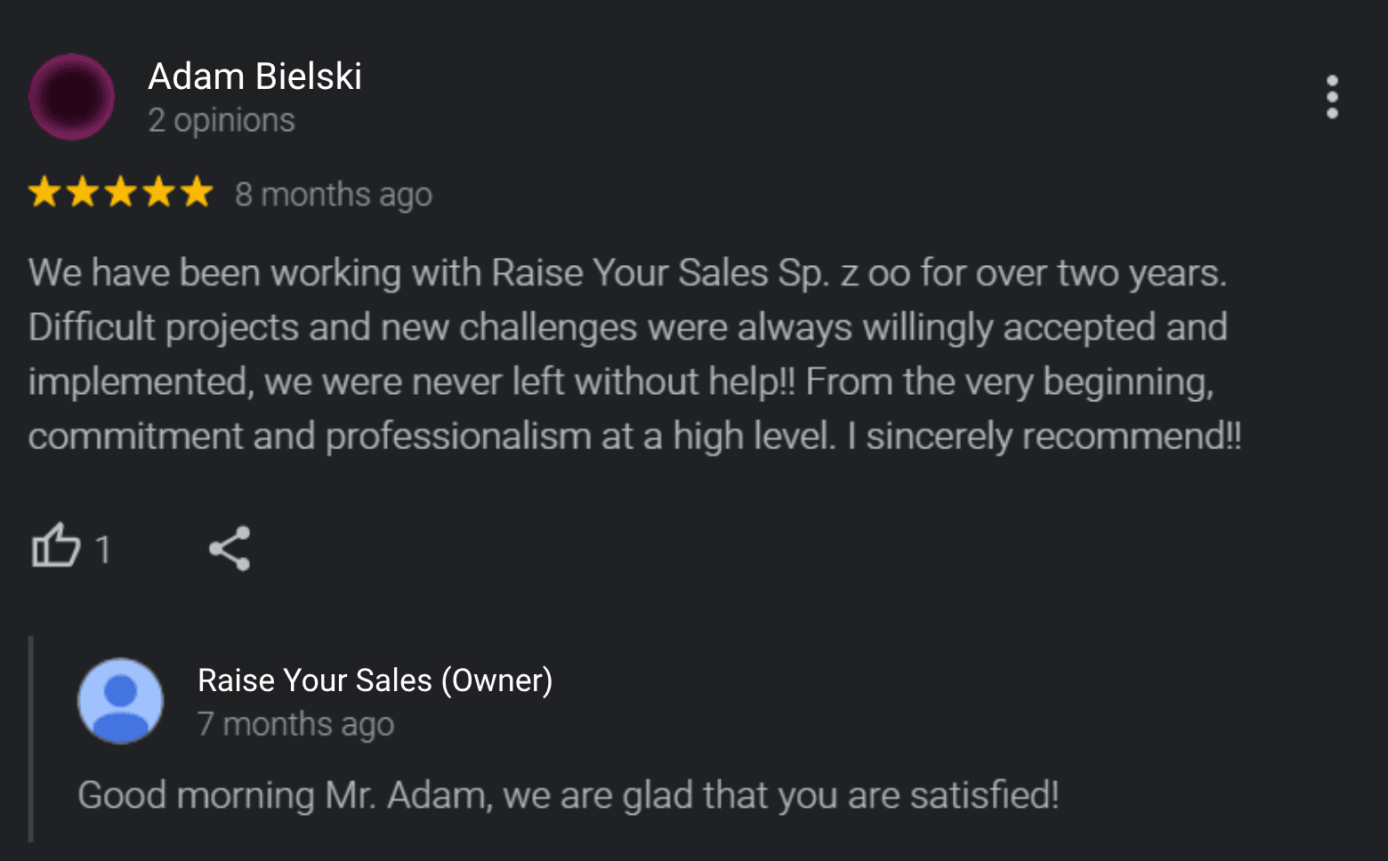 Recenze na Googlu od klienta značky SuperProfile o spolupráci s Raise Your Sales