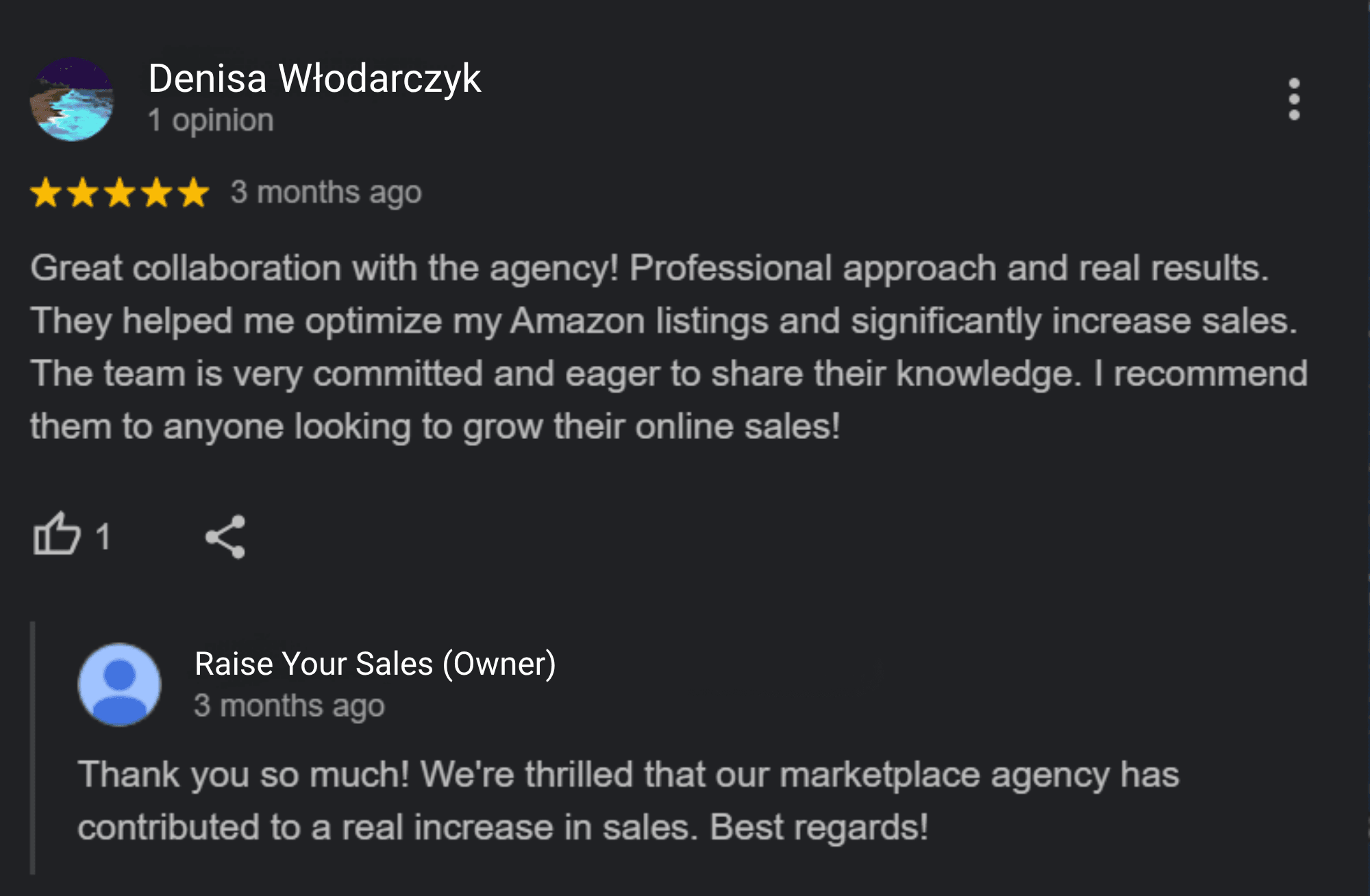Recenze na Googlu od klienta značky Wamar o spolupráci s Raise Your Sales