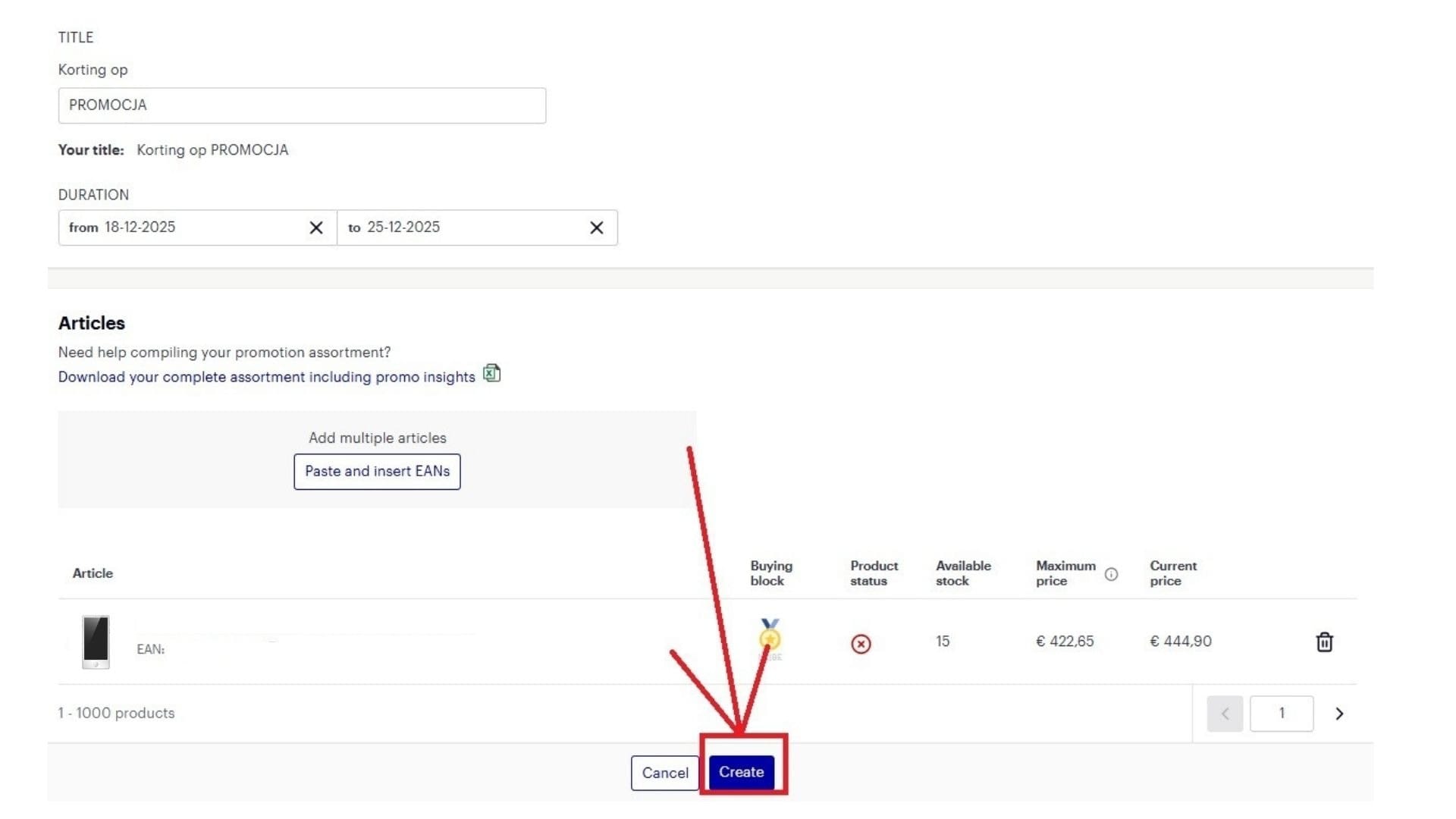 Po dodaniu produktów kliknij „Create”, aby utworzyć promocję.