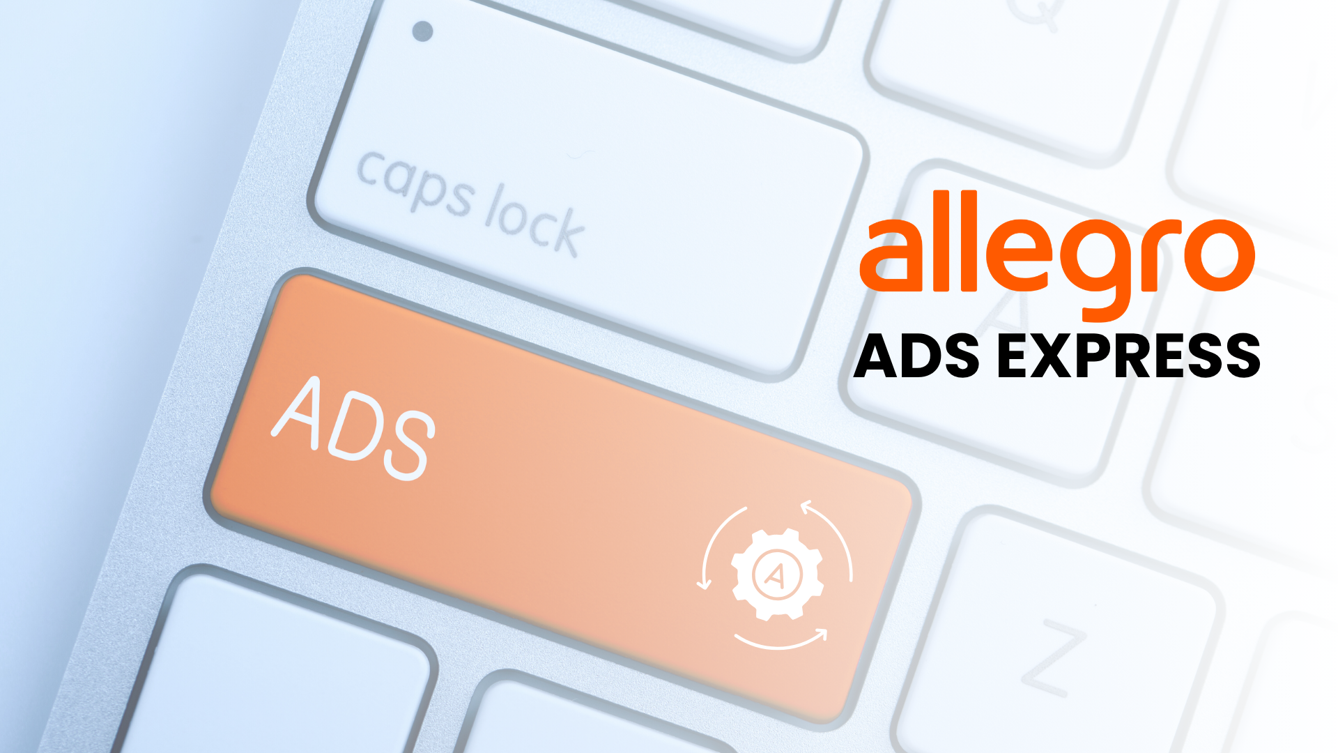 Oranžová klávesa ADS se symbolem ozubeného kola a šipek na bílé klávesnici vedle nápisu Allegro Ads Express