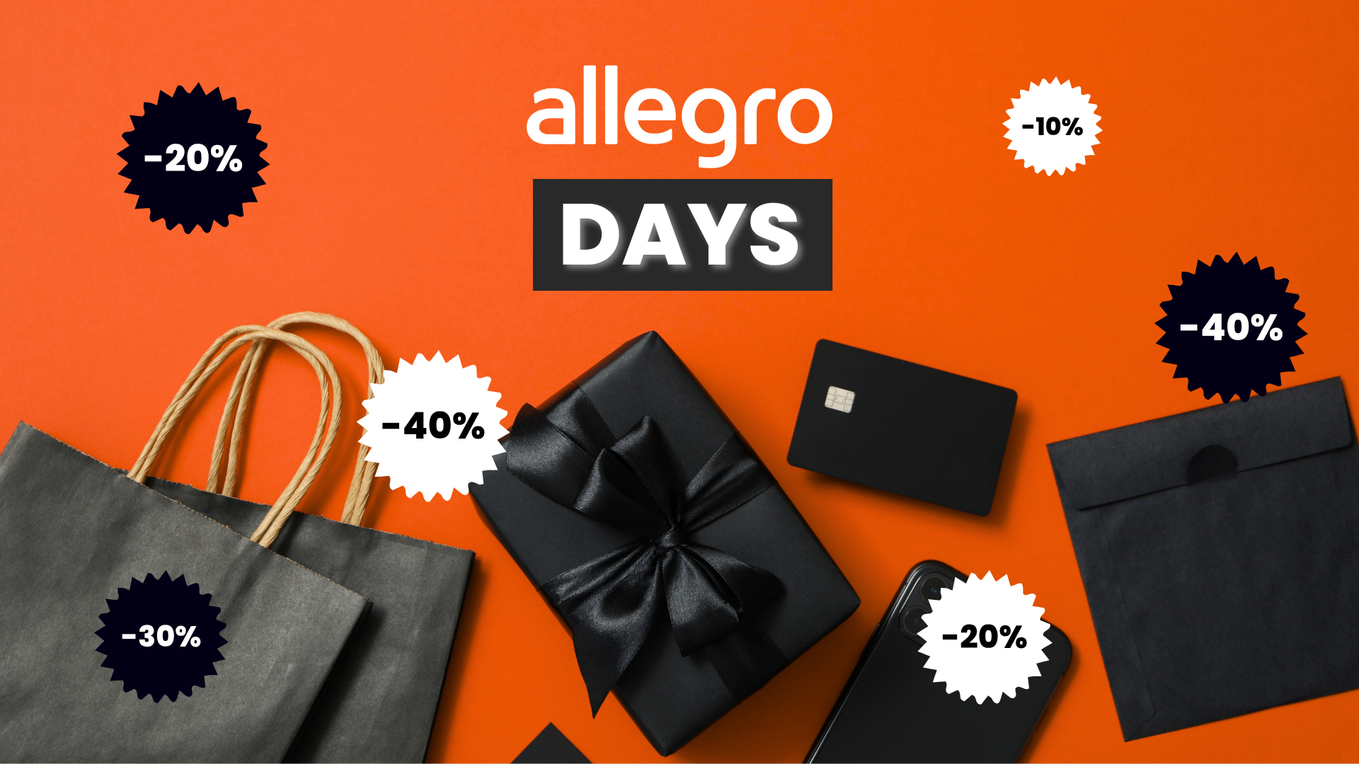 Logo Allegro Days na oranžovém pozadí, nákupní tašky, dárek, platební karta a slevové štítky od -10 % do -40 %