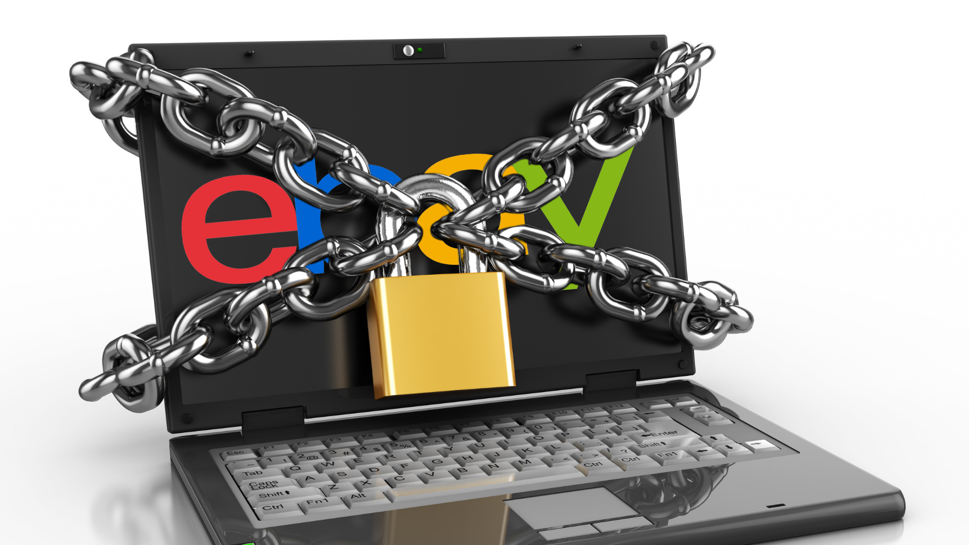 Notebook s logem eBay na displeji, spoutaný řetězy a zamčený zlatým visacím zámkem – symbol blokace účtu eBay