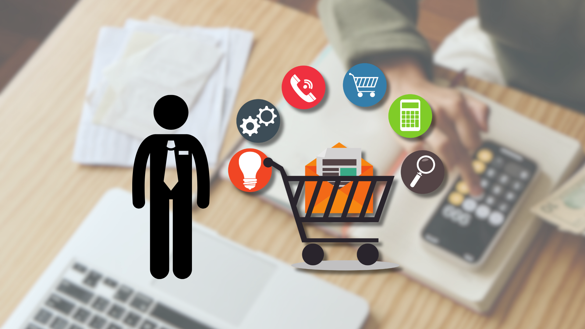 Piktogram manažera u nákupního košíku, kolem ikony telefonu, kalkulačky a lupy – náplň práce E-commerce Managera