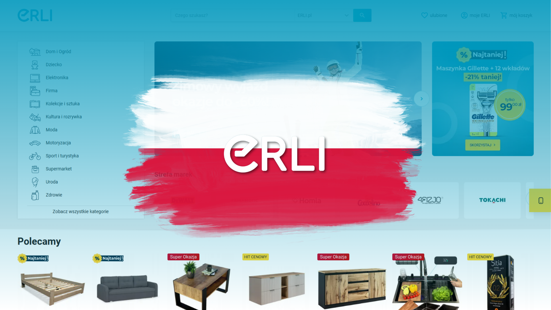 Logo ERLI na bílo-červené vlajce, v pozadí web erli.pl s kategoriemi Dům a Zahrada, Móda, Elektronika a Krása