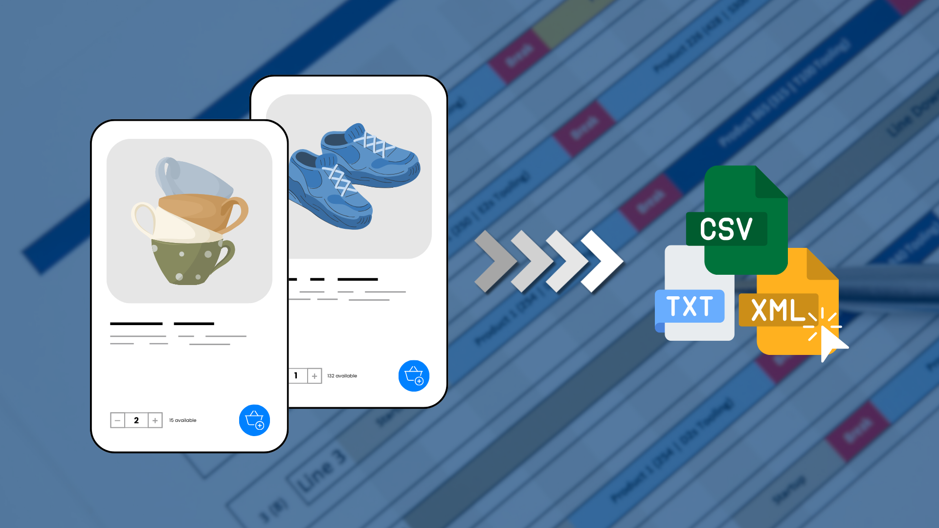 Produktové karty s hrnky a modrými botami, od nichž vedou šipky k souborům CSV, TXT a XML produktového feedu