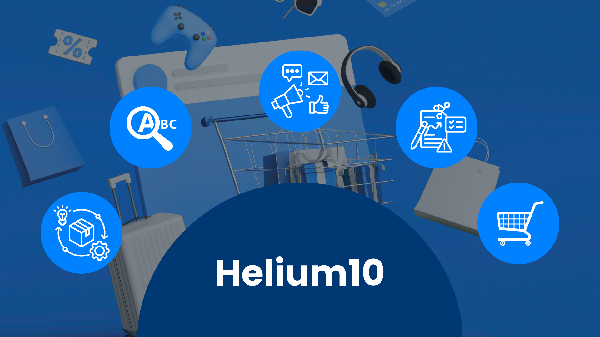 Nápis Helium10 obklopený ikonami researchu klíčových slov, reklamy, analytiky a produktů na pozadí nákupního košíku