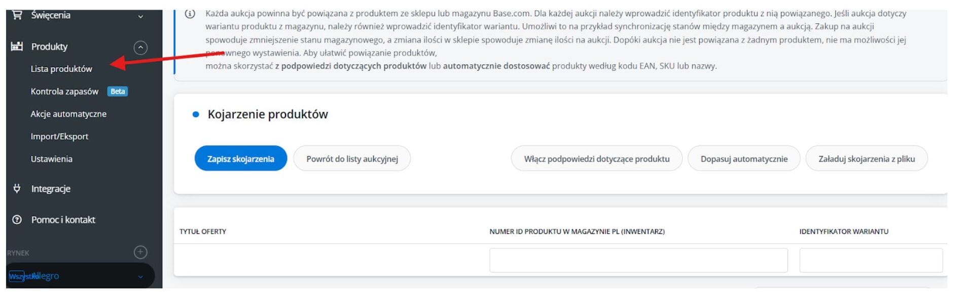 Wybierz „Produkty”