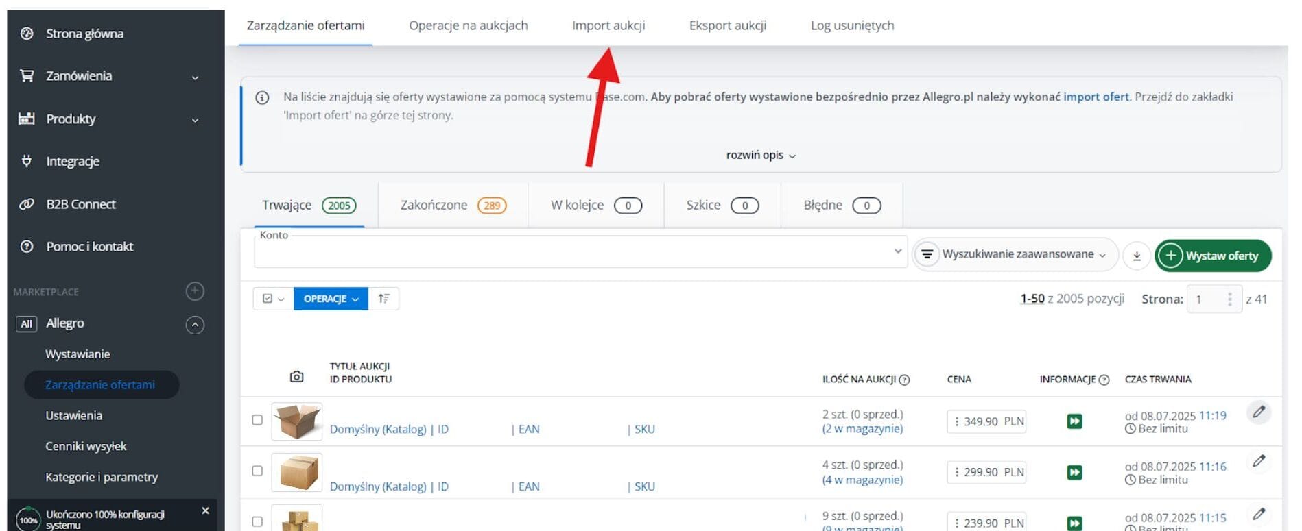 Nad listą ofert znajdziesz menu z różnymi opcjami. Kliknij „Import aukcji”, aby rozpocząć proces.