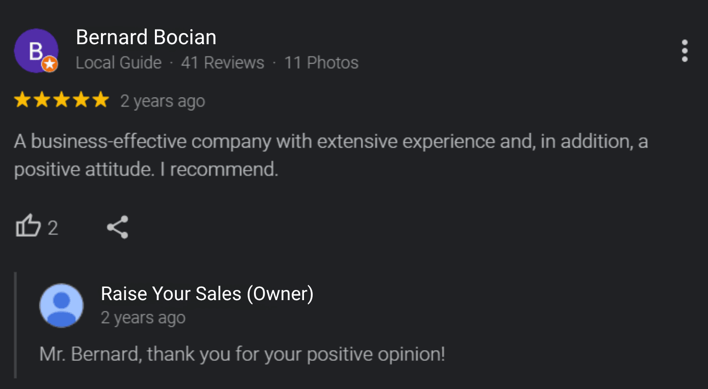 Recenze na Googlu od klienta značky Meester o spolupráci s Raise Your Sales