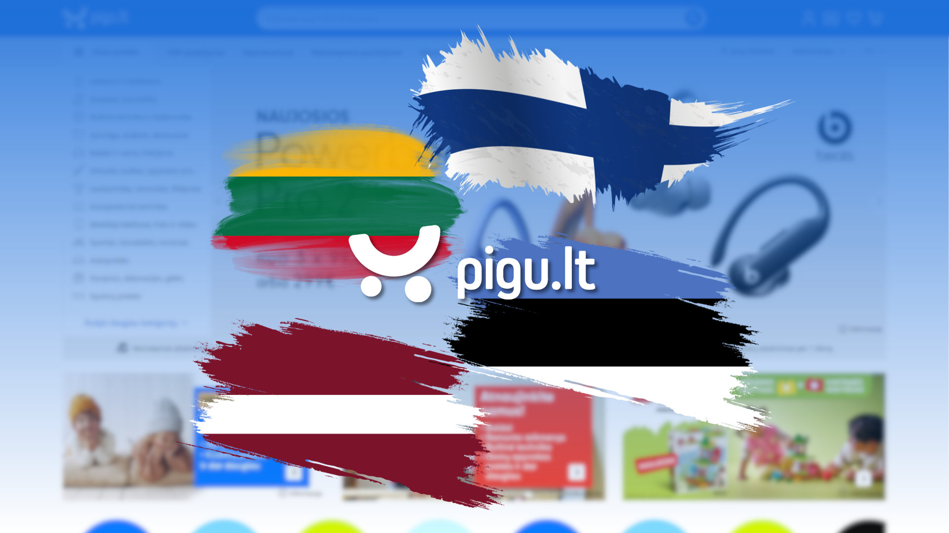 Logo Pigu obklopené vlajkami Litvy, Lotyšska, Estonska a Finska na pozadí rozmazané úvodní stránky pigu.lt